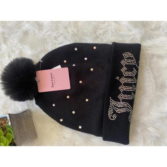 Juicy Couture Black Beanie with Faux Fur Pom and Rhinestone Embellishments